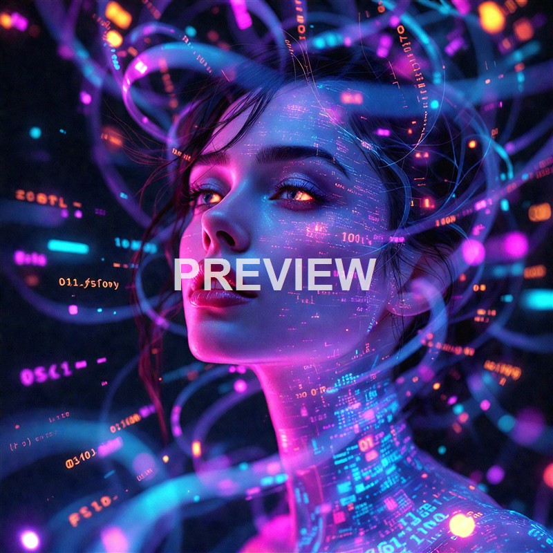 A futuristic digital art portrait of a woman with glowing skin, surrounded by colorful, holographic data streams and light trails.